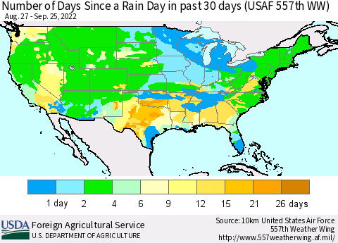 United States Number of Days Since a Rain Day in past 30 days (USAF 557th WW) Thematic Map For 9/19/2022 - 9/25/2022