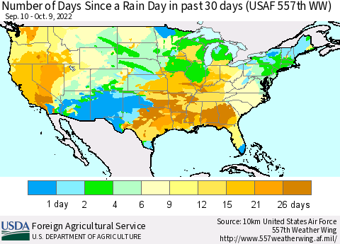 United States Number of Days Since a Rain Day in past 30 days (USAF 557th WW) Thematic Map For 10/3/2022 - 10/9/2022