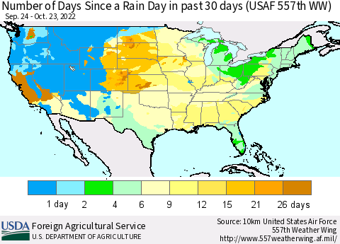United States Number of Days Since a Rain Day in past 30 days (USAF 557th WW) Thematic Map For 10/17/2022 - 10/23/2022