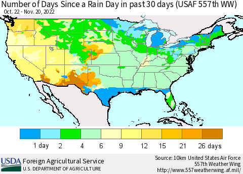 United States Number of Days Since a Rain Day in past 30 days (USAF 557th WW) Thematic Map For 11/14/2022 - 11/20/2022