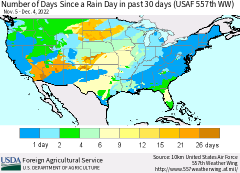 United States Number of Days Since a Rain Day in past 30 days (USAF 557th WW) Thematic Map For 11/28/2022 - 12/4/2022