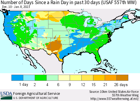 United States Number of Days Since a Rain Day in past 30 days (USAF 557th WW) Thematic Map For 1/2/2023 - 1/8/2023
