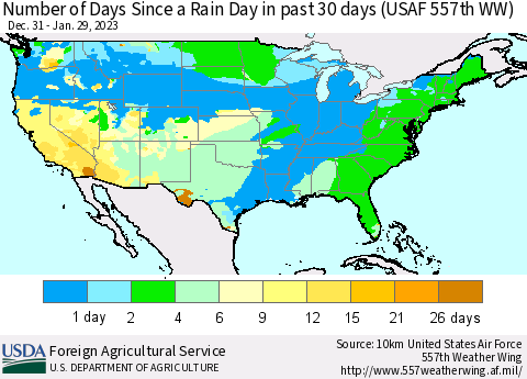 United States Number of Days Since a Rain Day in past 30 days (USAF 557th WW) Thematic Map For 1/23/2023 - 1/29/2023