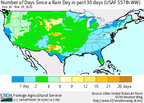 United States Number of Days Since a Rain Day in past 30 days (USAF 557th WW) Thematic Map For 3/13/2023 - 3/19/2023