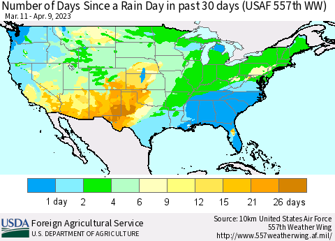 United States Number of Days Since a Rain Day in past 30 days (USAF 557th WW) Thematic Map For 4/3/2023 - 4/9/2023