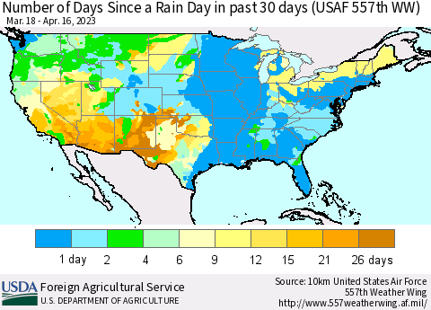 United States Number of Days Since a Rain Day in past 30 days (USAF 557th WW) Thematic Map For 4/10/2023 - 4/16/2023