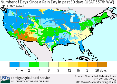United States Number of Days Since a Rain Day in past 30 days (USAF 557th WW) Thematic Map For 5/1/2023 - 5/7/2023