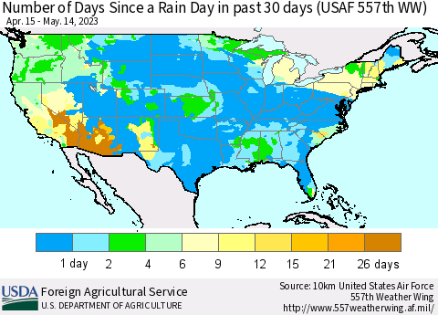 United States Number of Days Since a Rain Day in past 30 days (USAF 557th WW) Thematic Map For 5/8/2023 - 5/14/2023