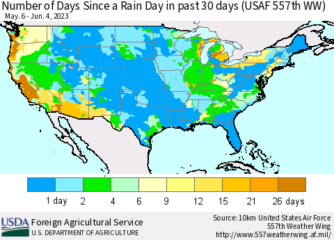 United States Number of Days Since a Rain Day in past 30 days (USAF 557th WW) Thematic Map For 5/29/2023 - 6/4/2023