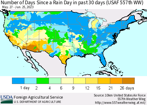 United States Number of Days Since a Rain Day in past 30 days (USAF 557th WW) Thematic Map For 6/19/2023 - 6/25/2023