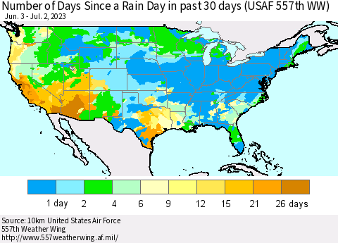 United States Number of Days Since a Rain Day in past 30 days (USAF 557th WW) Thematic Map For 6/26/2023 - 7/2/2023