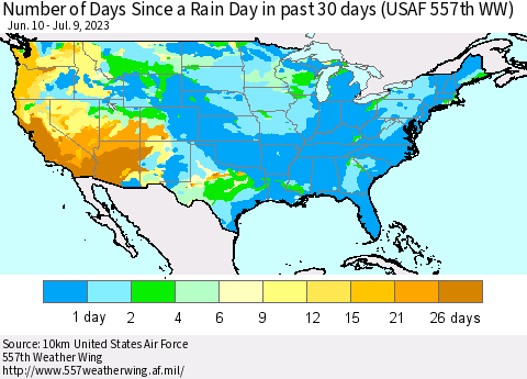 United States Number of Days Since a Rain Day in past 30 days (USAF 557th WW) Thematic Map For 7/3/2023 - 7/9/2023