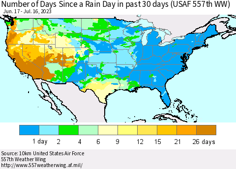 United States Number of Days Since a Rain Day in past 30 days (USAF 557th WW) Thematic Map For 7/10/2023 - 7/16/2023