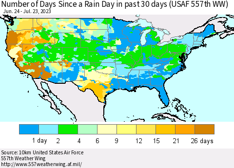 United States Number of Days Since a Rain Day in past 30 days (USAF 557th WW) Thematic Map For 7/17/2023 - 7/23/2023