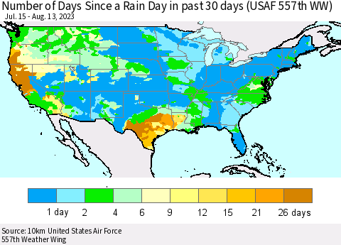 United States Number of Days Since a Rain Day in past 30 days (USAF 557th WW) Thematic Map For 8/7/2023 - 8/13/2023