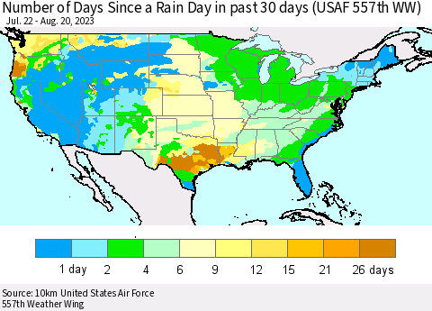 United States Number of Days Since a Rain Day in past 30 days (USAF 557th WW) Thematic Map For 8/14/2023 - 8/20/2023