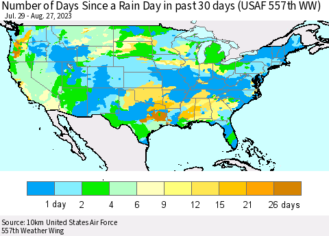 United States Number of Days Since a Rain Day in past 30 days (USAF 557th WW) Thematic Map For 8/21/2023 - 8/27/2023
