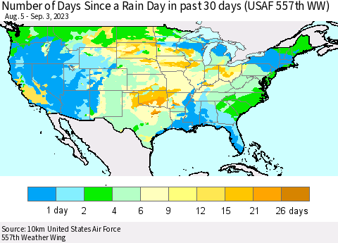 United States Number of Days Since a Rain Day in past 30 days (USAF 557th WW) Thematic Map For 8/28/2023 - 9/3/2023
