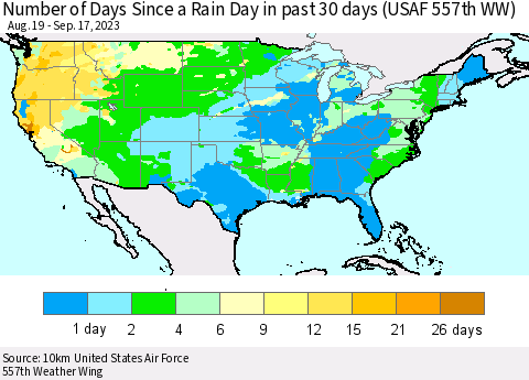 United States Number of Days Since a Rain Day in past 30 days (USAF 557th WW) Thematic Map For 9/11/2023 - 9/17/2023