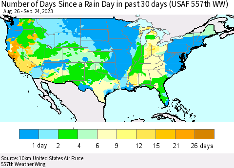 United States Number of Days Since a Rain Day in past 30 days (USAF 557th WW) Thematic Map For 9/18/2023 - 9/24/2023