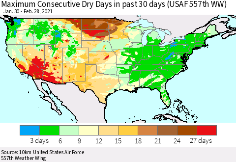 United States Maximum Consecutive Dry Days in past 30 days (USAF 557th WW) 02/28/2021 Thematic Map For 2/26/2021 - 2/28/2021