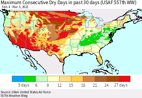 United States Maximum Consecutive Dry Days in past 30 days (USAF 557th WW) 03/05/2021 Thematic Map For 3/1/2021 - 3/5/2021