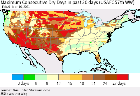 United States Maximum Consecutive Dry Days in past 30 days (USAF 557th WW) 03/10/2021 Thematic Map For 3/6/2021 - 3/10/2021