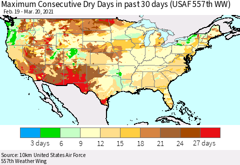 United States Maximum Consecutive Dry Days in past 30 days (USAF 557th WW) 03/20/2021 Thematic Map For 3/16/2021 - 3/20/2021