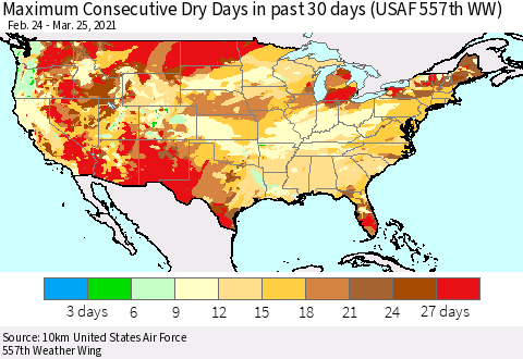 United States Maximum Consecutive Dry Days in past 30 days (USAF 557th WW) 03/25/2021 Thematic Map For 3/21/2021 - 3/25/2021