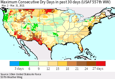 United States Maximum Consecutive Dry Days in past 30 days (USAF 557th WW) 03/31/2021 Thematic Map For 3/26/2021 - 3/31/2021