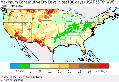 United States Maximum Consecutive Dry Days in past 30 days (USAF 557th WW) 04/05/2021 Thematic Map For 4/1/2021 - 4/5/2021