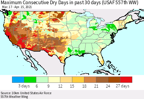 United States Maximum Consecutive Dry Days in past 30 days (USAF 557th WW) 04/15/2021 Thematic Map For 4/11/2021 - 4/15/2021