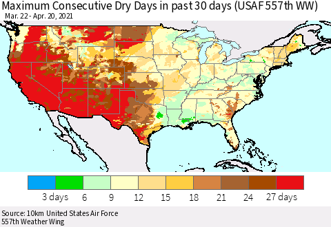 United States Maximum Consecutive Dry Days in past 30 days (USAF 557th WW) 04/20/2021 Thematic Map For 4/16/2021 - 4/20/2021