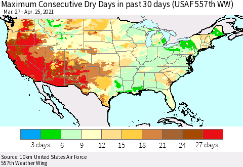 United States Maximum Consecutive Dry Days in past 30 days (USAF 557th WW) 04/25/2021 Thematic Map For 4/21/2021 - 4/25/2021