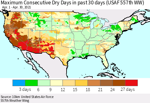 United States Maximum Consecutive Dry Days in past 30 days (USAF 557th WW) 04/30/2021 Thematic Map For 4/26/2021 - 4/30/2021