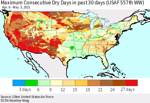 United States Maximum Consecutive Dry Days in past 30 days (USAF 557th WW) 05/05/2021 Thematic Map For 5/1/2021 - 5/5/2021