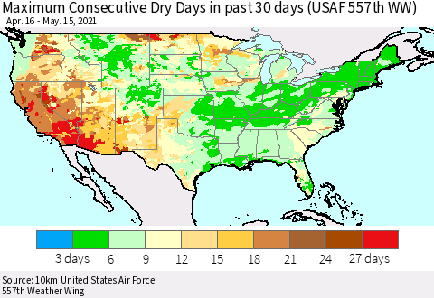United States Maximum Consecutive Dry Days in past 30 days (USAF 557th WW) 05/15/2021 Thematic Map For 5/11/2021 - 5/15/2021