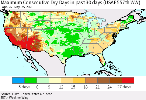 United States Maximum Consecutive Dry Days in past 30 days (USAF 557th WW) 05/25/2021 Thematic Map For 5/21/2021 - 5/25/2021