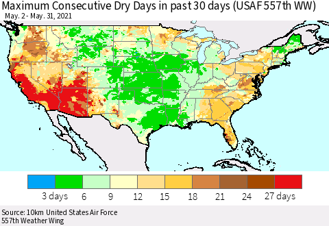 United States Maximum Consecutive Dry Days in past 30 days (USAF 557th WW) 05/31/2021 Thematic Map For 5/26/2021 - 5/31/2021