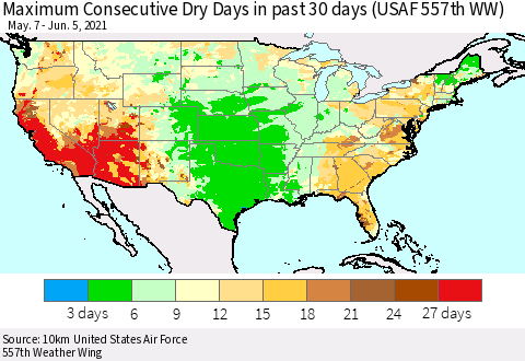 United States Maximum Consecutive Dry Days in past 30 days (USAF 557th WW) 06/05/2021 Thematic Map For 6/1/2021 - 6/5/2021