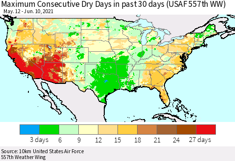 United States Maximum Consecutive Dry Days in past 30 days (USAF 557th WW) 06/10/2021 Thematic Map For 6/6/2021 - 6/10/2021