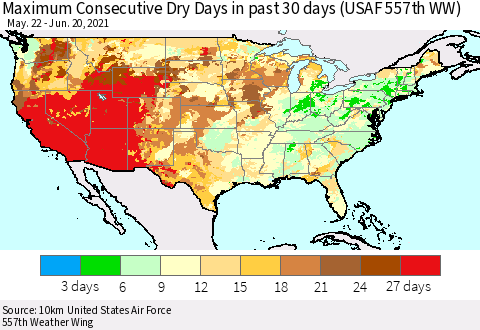 United States Maximum Consecutive Dry Days in past 30 days (USAF 557th WW) 06/20/2021 Thematic Map For 6/16/2021 - 6/20/2021