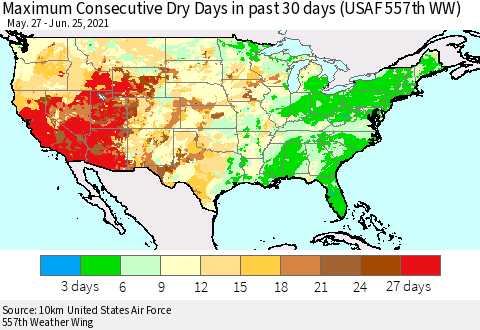 United States Maximum Consecutive Dry Days in past 30 days (USAF 557th WW) 06/25/2021 Thematic Map For 6/21/2021 - 6/25/2021