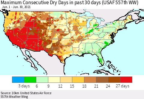 United States Maximum Consecutive Dry Days in past 30 days (USAF 557th WW) 06/30/2021 Thematic Map For 6/26/2021 - 6/30/2021