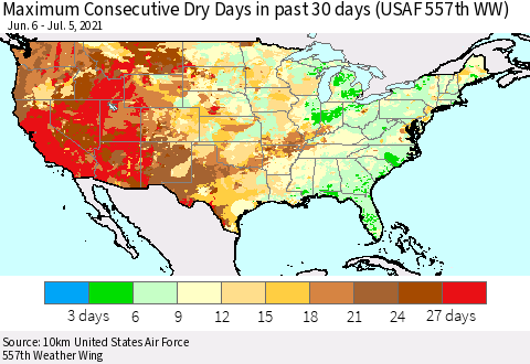 United States Maximum Consecutive Dry Days in past 30 days (USAF 557th WW) 07/05/2021 Thematic Map For 7/1/2021 - 7/5/2021