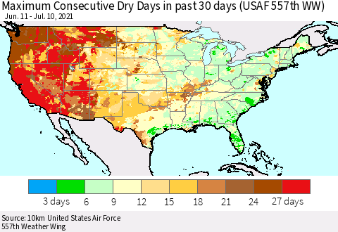 United States Maximum Consecutive Dry Days in past 30 days (USAF 557th WW) 07/10/2021 Thematic Map For 7/6/2021 - 7/10/2021