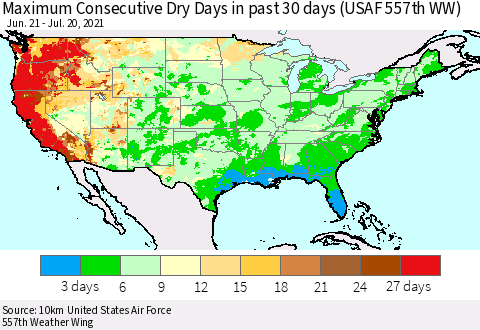 United States Maximum Consecutive Dry Days in past 30 days (USAF 557th WW) 07/20/2021 Thematic Map For 7/16/2021 - 7/20/2021