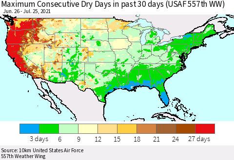 United States Maximum Consecutive Dry Days in past 30 days (USAF 557th WW) 07/25/2021 Thematic Map For 7/21/2021 - 7/25/2021