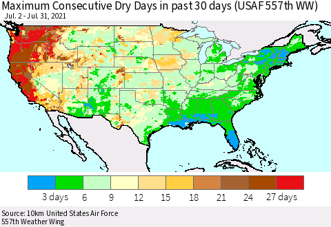 United States Maximum Consecutive Dry Days in past 30 days (USAF 557th WW) 07/31/2021 Thematic Map For 7/26/2021 - 7/31/2021