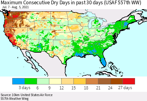 United States Maximum Consecutive Dry Days in past 30 days (USAF 557th WW) 08/05/2021 Thematic Map For 8/1/2021 - 8/5/2021